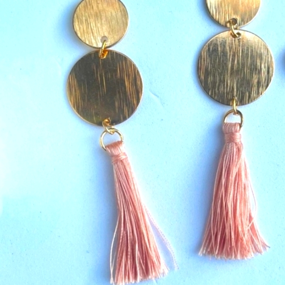 Golden Disks &  Pink Fringe Earrings - Picture 4 of 6